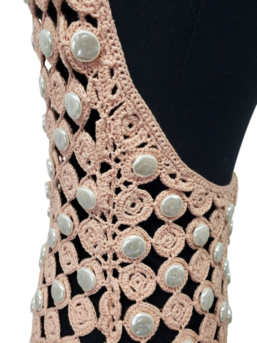 Toccin Pink Crochet Faux Mother of Pearl Button Rosette Halter Maxi Dress - Picture 9 of 15